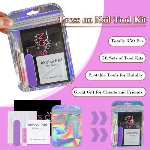 Bebbtiy Press On Nail Tool Kit for Nail Business Nail Prep Application Disposable Kit with Nail File Nail Glue Prep Pads Instruction Card Adhesive Nail Tabs Wood Stick Holographic Bag 50pcs in purple - Image 3