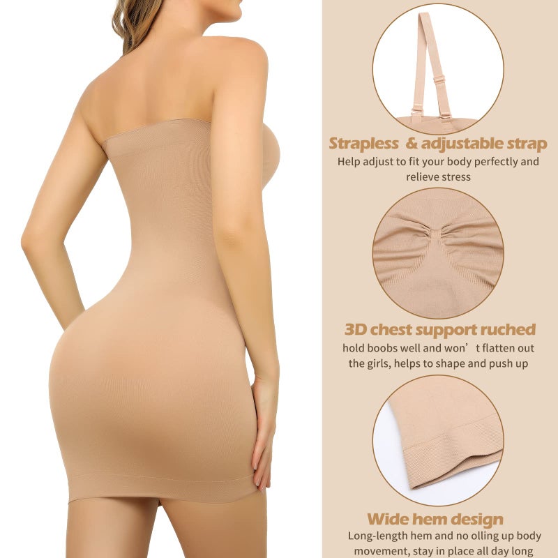 JOYSHAPER Strapless Shapewear Black Slip Dresses for Women Tummy Control Seamless Full Body Shaper Under Dress Slip (Beige, Large) - Image 2