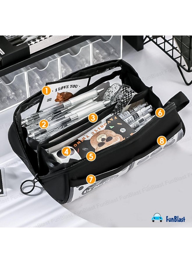 FunBlast FunBlast Large Capacity Pencil Bag - Multi Compartment Transparent Pencil Pouch with Zipper, Portable Makeup Pouch, Aesthetic Pouch, Cute Stationery Bag for Students Girls Adults Office (Black)  - Image 3