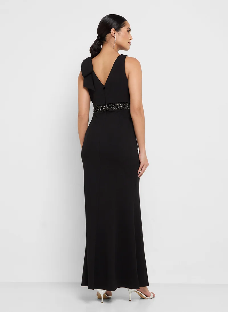 Adrianna Papell Crepe Popover Beaded Gown