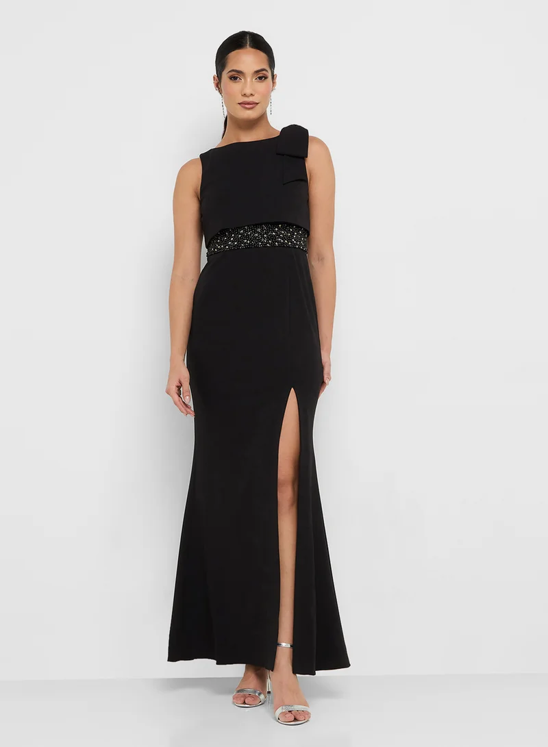 Adrianna Papell Crepe Popover Beaded Gown