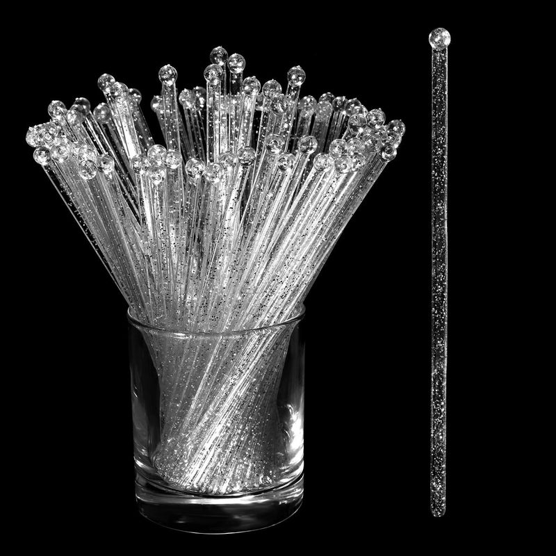Honoson 100 Pieces Disposible Plastic Round Top Crystal Swizzle Sticks Silver