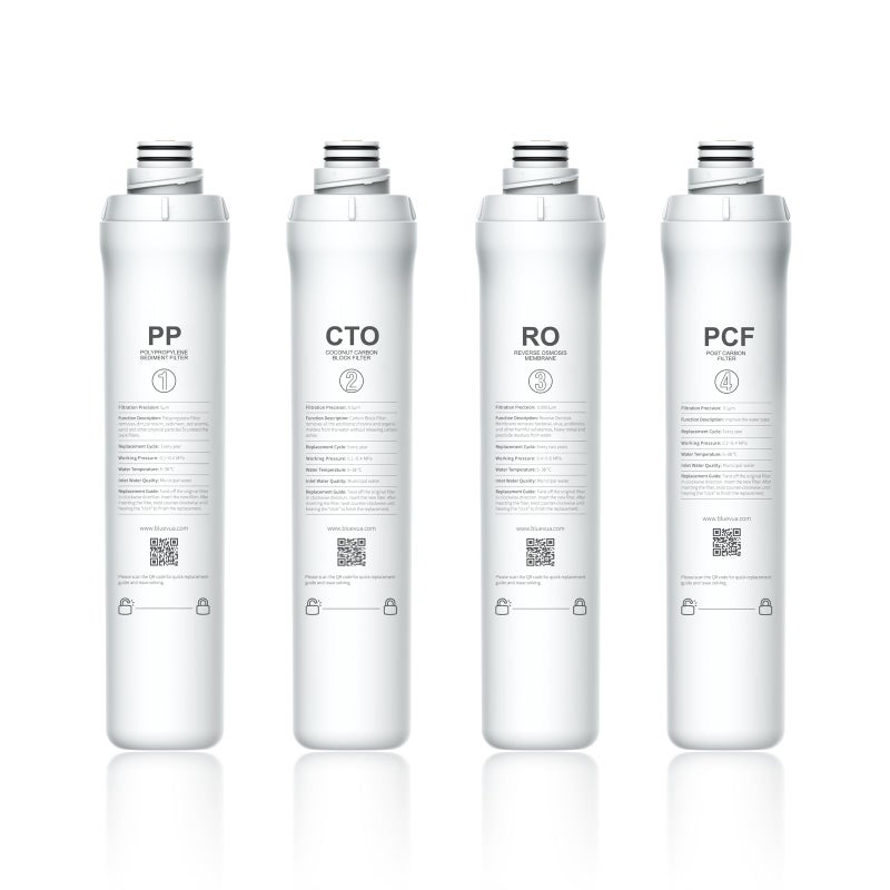 Bluevua مجموعة فلاتر بديلة Bluevua RO100ROPOT 4Pack تتكون من 4 فلاتر 1 PP 1 CTO 1 RO 1 PCF