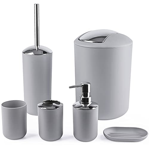 Papillon Bathroom Accessories - 6 Piece Plastic Gift Toothbrush Holder,Toothbrush Cup,Soap Dispenser & Dish,Toilet Brush Holder,Trash Can,Tumbler Straw Set (Gray) - Image 1