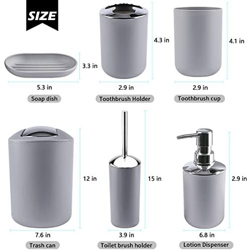 Papillon Bathroom Accessories - 6 Piece Plastic Gift Toothbrush Holder,Toothbrush Cup,Soap Dispenser & Dish,Toilet Brush Holder,Trash Can,Tumbler Straw Set (Gray) - Image 2
