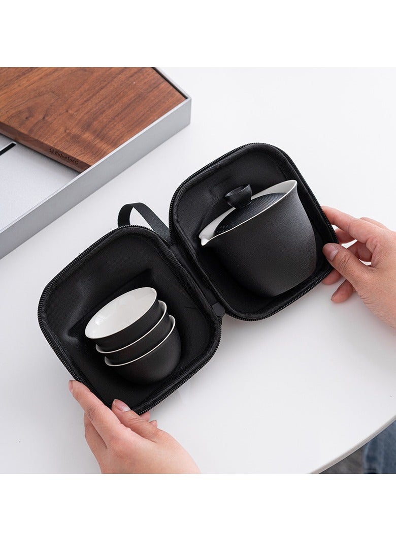 Travel Tea Set Ceramic Mini Gongfu Teapot Infuser Set Portable Gaiwan with 3 Teacups for Travel Picnic Gift (Black) - Image 2