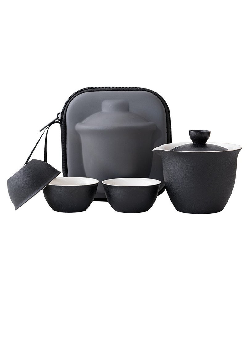 Travel Tea Set Ceramic Mini Gongfu Teapot Infuser Set Portable Gaiwan with 3 Teacups for Travel Picnic Gift (Black) - Image 1