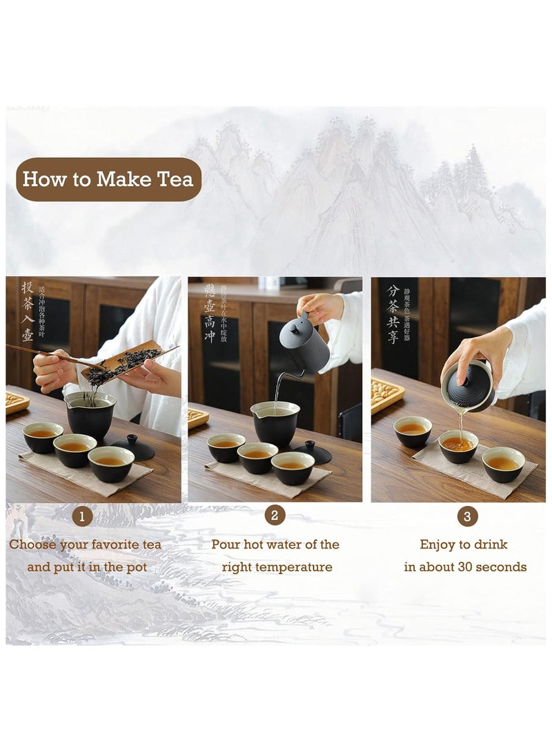 Travel Tea Set Ceramic Mini Gongfu Teapot Infuser Set Portable Gaiwan with 3 Teacups for Travel Picnic Gift (Black) - Image 4