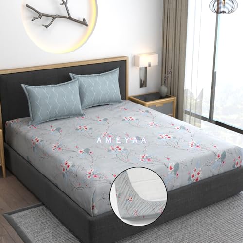 AMEYAA Cotton Feel Glace Cotton Elastic Fitted Printed King Size Double Bed Bedsheet with 2 Pillow Cover Fits Upto 8 inches Mattress,Size- 72x78x10 Inches, Multicolor, 320 TC - Image 2