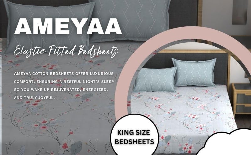 AMEYAA Cotton Feel Glace Cotton Elastic Fitted Printed King Size Double Bed Bedsheet with 2 Pillow Cover Fits Upto 8 inches Mattress,Size- 72x78x10 Inches, Multicolor, 320 TC - Image 3