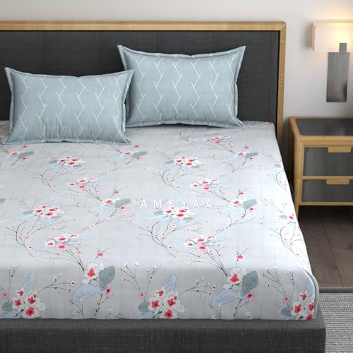AMEYAA Cotton Feel Glace Cotton Elastic Fitted Printed King Size Double Bed Bedsheet with 2 Pillow Cover Fits Upto 8 inches Mattress,Size- 72x78x10 Inches, Multicolor, 320 TC - Image 1