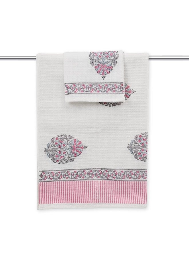Peepul Tree Block Printed Hand and Bath Towels, Super Absorbent, Soft & Faster Drying, Floral Printed 100% Pure Cotton, 240 GSM (1 Hand and 1 Bath Towel, Pink) - Image 1