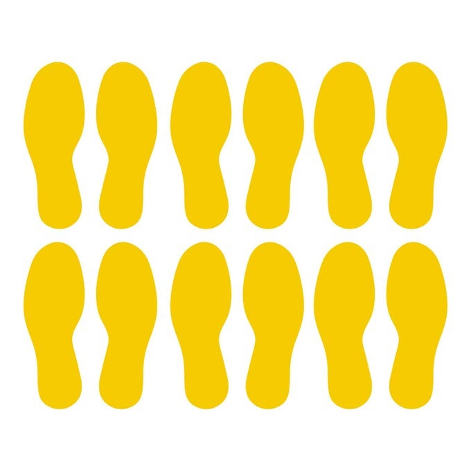 DURABLE GLOSS FINISH YELLOW 9 INCH MEDIUM SIZE FOOTPRINT DECAL VINYL STICKERS GREAT FOR FLOORS CEILINGS WALLS AND MOST SMOOTH SURFACES PACK OF 12 FOOTPRINTS 6 PAIRS