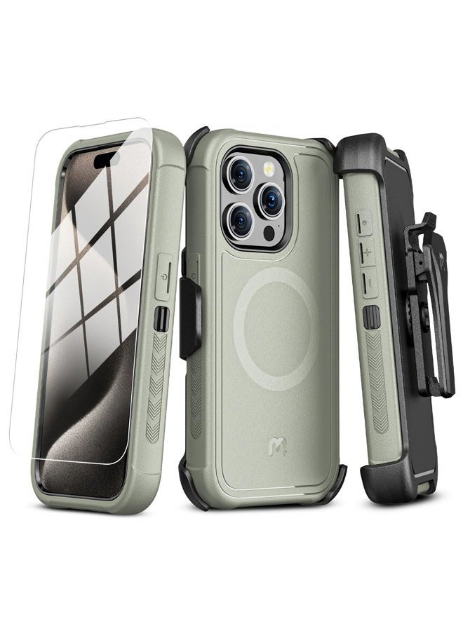 M MYBAT PRO MYBAT PRO iPhone 15 Pro Max Case, Maverick Series Case with Belt Clip & Screen Protector, Anti-Fall Shockproof Cover with 360° Rotating Kickstand Heavy Duty Protection - Gray - Image 1