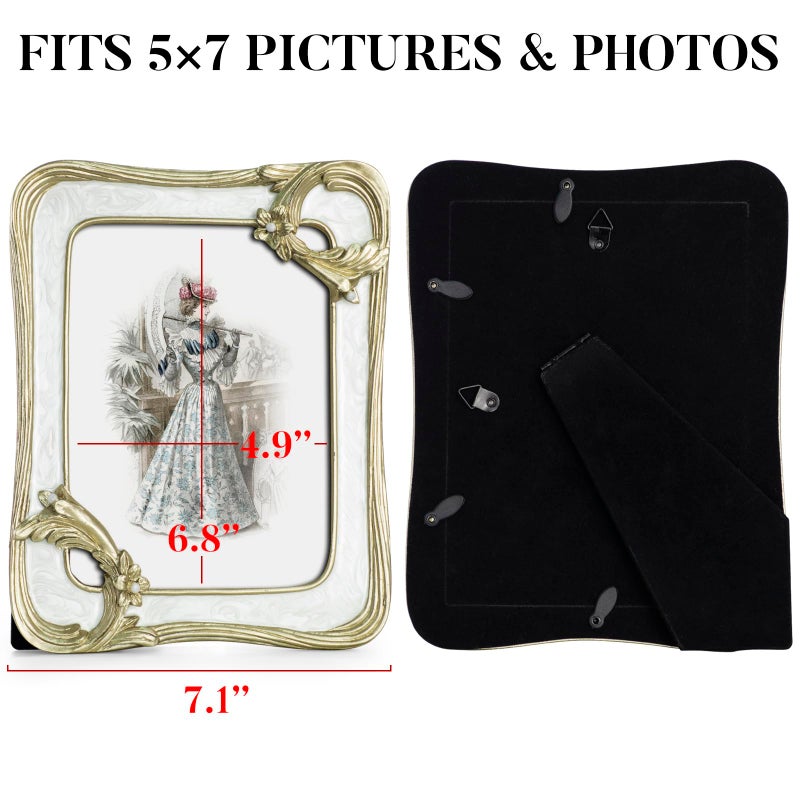 GUOER GUOER Vintage 5x7 Picture Frame with Flower Antique Ornate Table Top and Wall Mounting Photo Frame with High Definition Glass Front for Home Decor  Photo Gallery  Art(5x7  Gold & White)  - Image 3