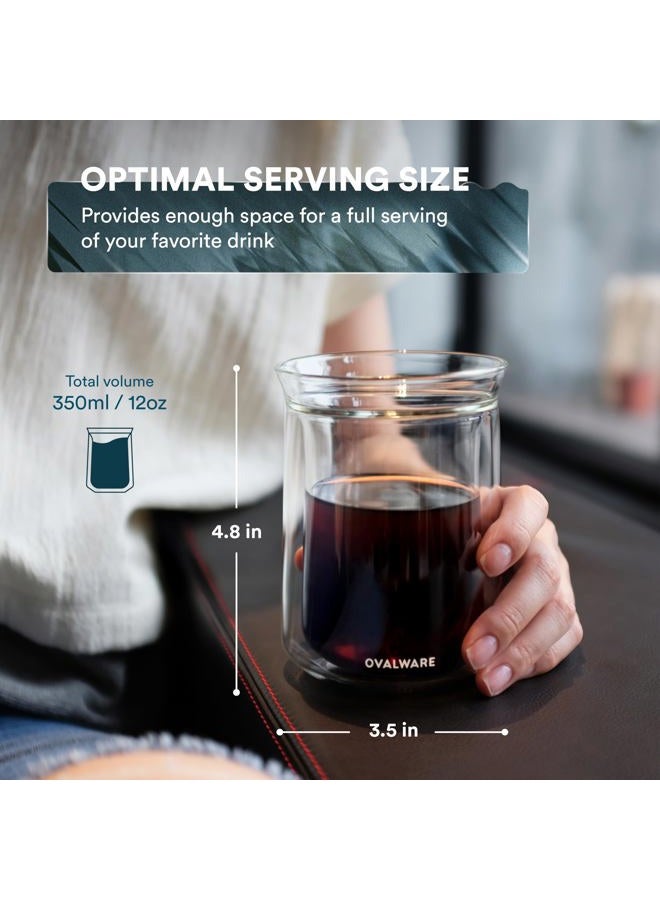 ovalware Double Wall Single Lip Insulated Glass Cup, Set of 2 (12oz / 350ml) - Borosilicate Glass For Coffee, Tea, Whiskey, Cocktails & All Beverages - Minimalistic & Durable Double-Wall Drinking Mug - Image 2