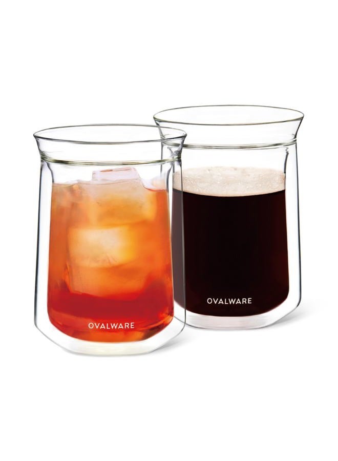 ovalware Double Wall Single Lip Insulated Glass Cup, Set of 2 (12oz / 350ml) - Borosilicate Glass For Coffee, Tea, Whiskey, Cocktails & All Beverages - Minimalistic & Durable Double-Wall Drinking Mug - Image 1