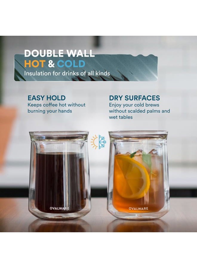 ovalware Double Wall Single Lip Insulated Glass Cup, Set of 2 (12oz / 350ml) - Borosilicate Glass For Coffee, Tea, Whiskey, Cocktails & All Beverages - Minimalistic & Durable Double-Wall Drinking Mug - Image 5