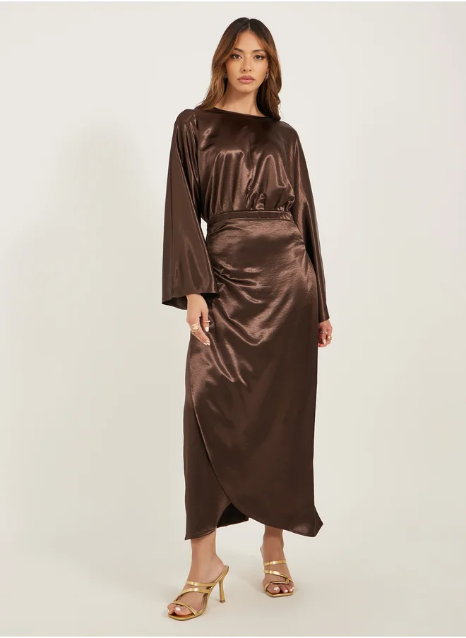 ستايلي Plain Long Sleeves Wrap Look A-Line Maxi Dress