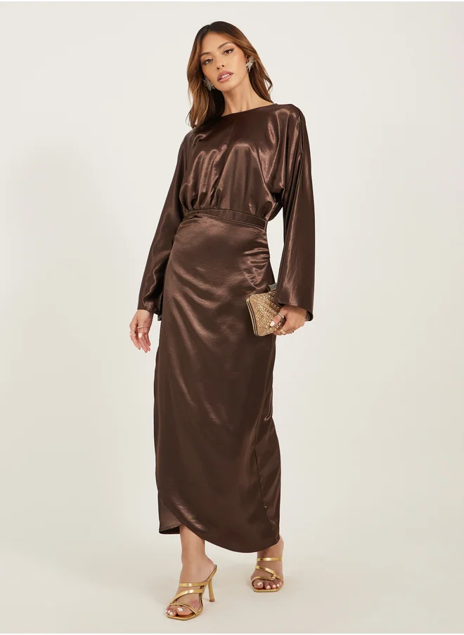 ستايلي Plain Long Sleeves Wrap Look A-Line Maxi Dress