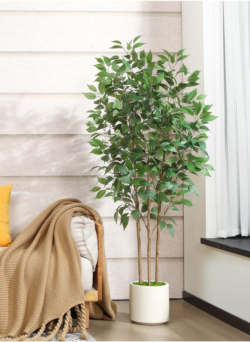 Arabest Ficus Artificial Tree 5ft Tall Fake Ficus Tree for Home Decor Indoor Faux Silk Ficus Plant Fake Floor Plant in White Imitation Ceramic Planter with Green Fake Moss, Set of 1  - Image 2
