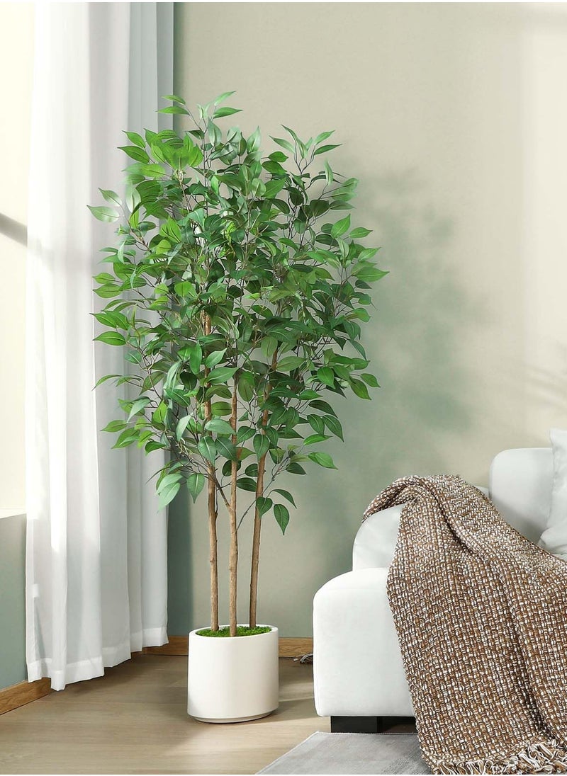 Arabest Ficus Artificial Tree 5ft Tall Fake Ficus Tree for Home Decor Indoor Faux Silk Ficus Plant Fake Floor Plant in White Imitation Ceramic Planter with Green Fake Moss, Set of 1  - Image 3