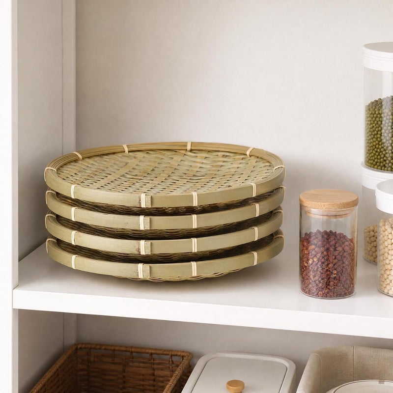 ZENFUN Easy store & transit build 4 Packs Bamboo Basket Tray, 12 In Round Hand Weave Bread Baskets for Serving, Woven Fruit Basket, Rattan Serving Basket for Garden, Daily Dinning, Kitchen Organization, Stackable Dispersed regional warehouses - Image 5