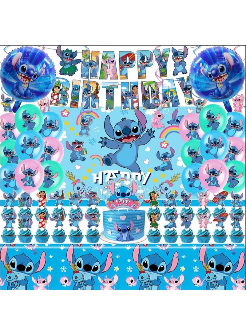 Stitch Birthday Decorations Party Pack, All-in-One Stitch Theme Party Supplies Including Banner, Cake Toppers, 80×120cm Backdrop, Foil Balloons and Latex Balloons, Premium Stitch Party Decor Kit for Kids Birthday, Family Celebration