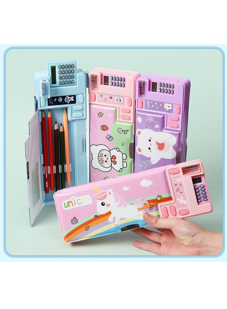 Loquat Creative Multi-functional Plastic Stationery Box for Primary School Students Double-sided Magnetic Pencil Calculator Sharpener (Purple, Bear) - Image 4