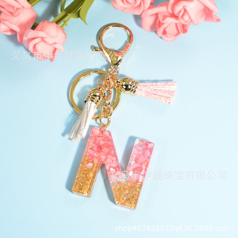 New pink tassel English letter keychain Crystal epoxy stone pendant women's bag Car pendant gift - Image 4
