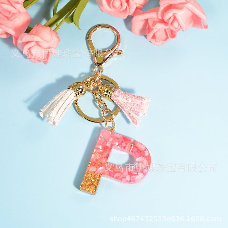 New pink tassel English letter keychain Crystal epoxy stone pendant women's bag Car pendant gift - Image 3
