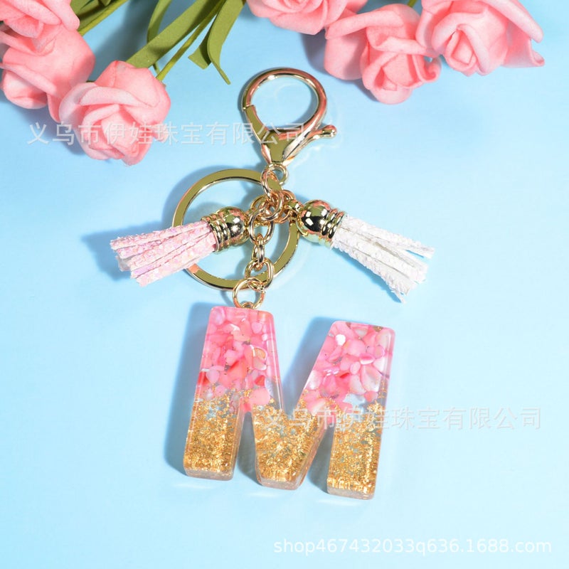 New pink tassel English letter keychain Crystal epoxy stone pendant women's bag Car pendant gift - Image 5