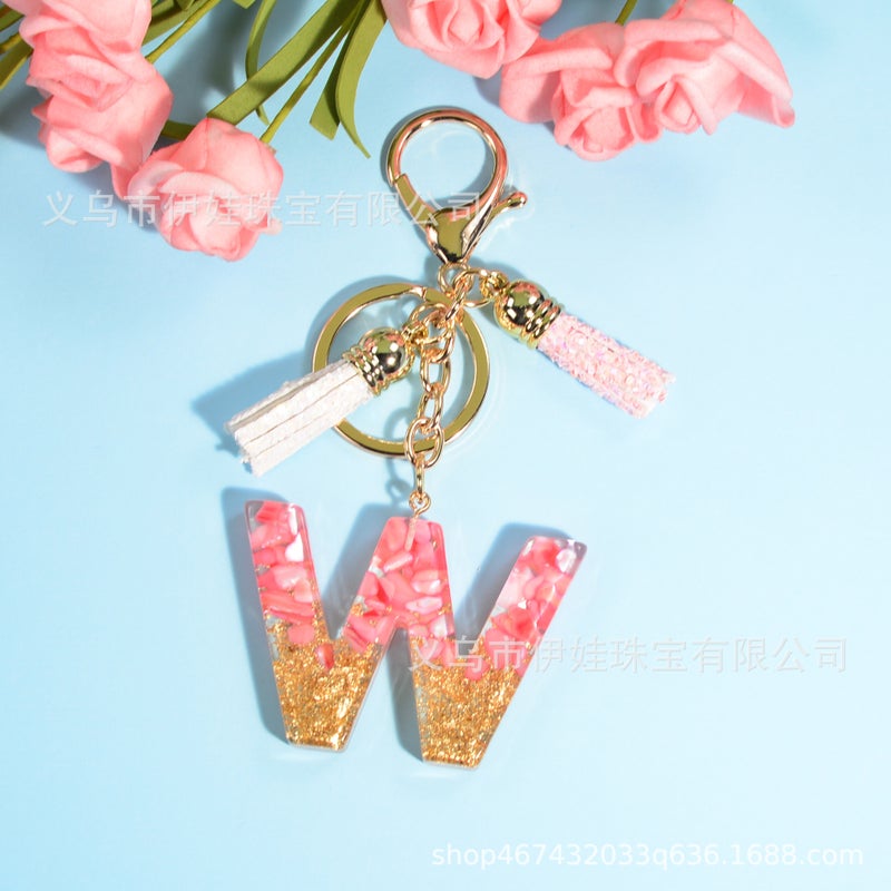 New pink tassel English letter keychain Crystal epoxy stone pendant women's bag Car pendant gift - Image 1