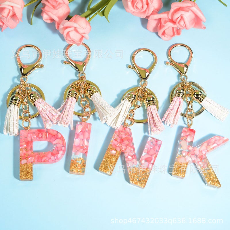 New pink tassel English letter keychain Crystal epoxy stone pendant women's bag Car pendant gift - Image 2