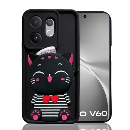 KC Back Cover for Vivo V60 5G / V60e 5G / Vivo T4 Pro 5G - 3D Cute Adorable Shockproof Cat Pouch with Zipper Wallet Soft Bumper Silicone Case New Camera Protection (Black) - Image 4