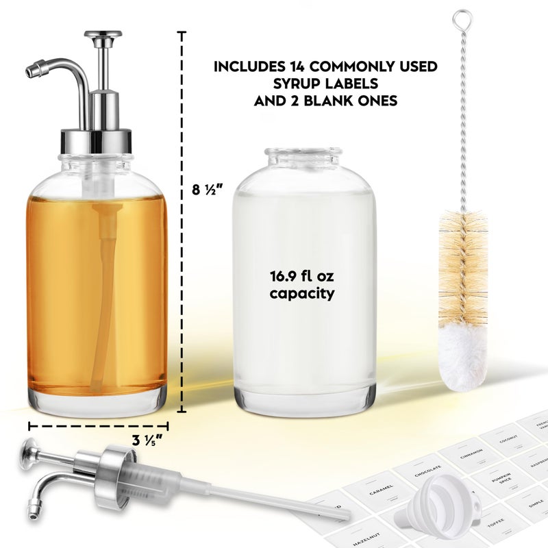 Spaceneat Coffee Syrup Dispenser with Pump - Includes 24 Flavor Labels - Glass Syrup Dispenser for Coffee Bar - Elevate your Beverage Station with 16.9 fl oz Flavoring Container Bottles, 2pcs, Silver - Image 2