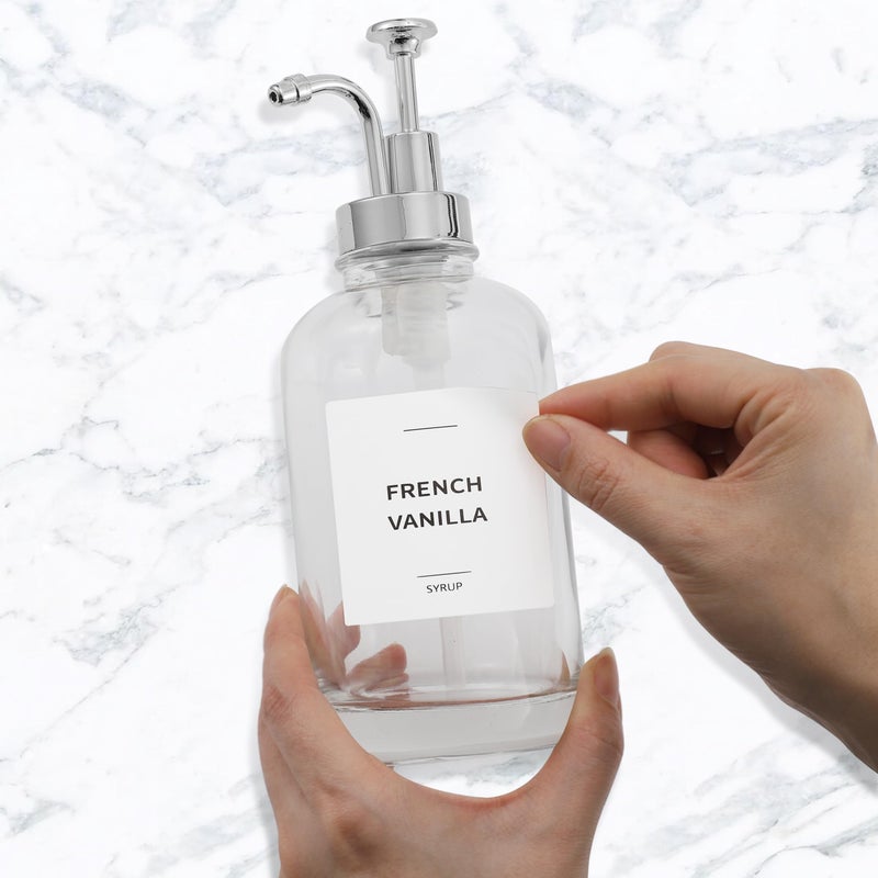 Spaceneat Coffee Syrup Dispenser with Pump - Includes 24 Flavor Labels - Glass Syrup Dispenser for Coffee Bar - Elevate your Beverage Station with 16.9 fl oz Flavoring Container Bottles, 2pcs, Silver - Image 3