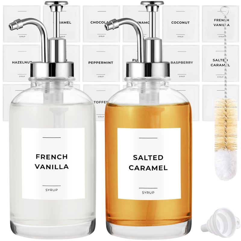 Spaceneat Coffee Syrup Dispenser with Pump - Includes 24 Flavor Labels - Glass Syrup Dispenser for Coffee Bar - Elevate your Beverage Station with 16.9 fl oz Flavoring Container Bottles, 2pcs, Silver - Image 1