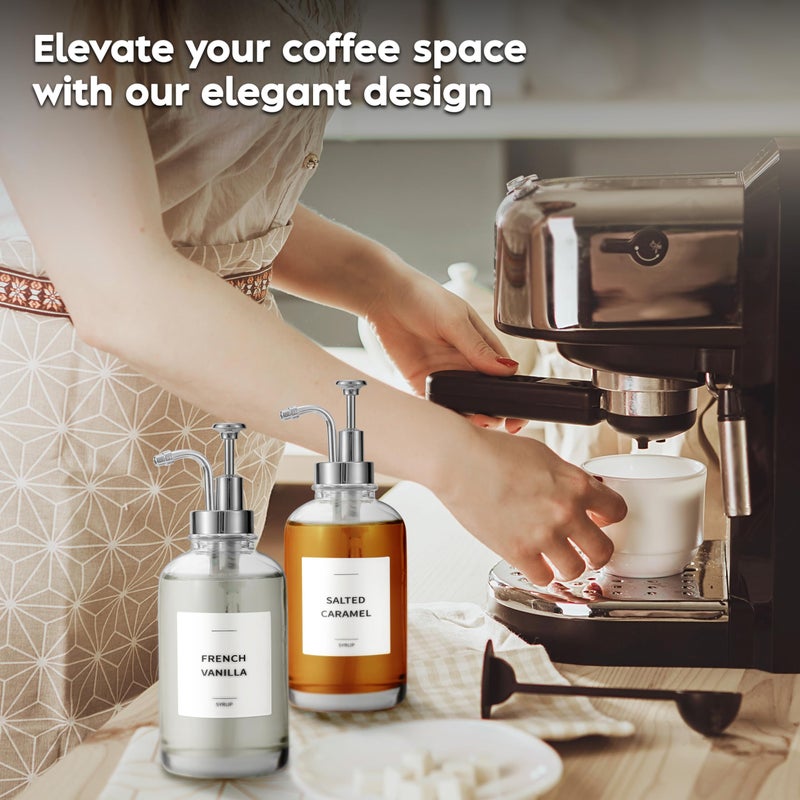 Spaceneat Coffee Syrup Dispenser with Pump - Includes 24 Flavor Labels - Glass Syrup Dispenser for Coffee Bar - Elevate your Beverage Station with 16.9 fl oz Flavoring Container Bottles, 2pcs, Silver - Image 5
