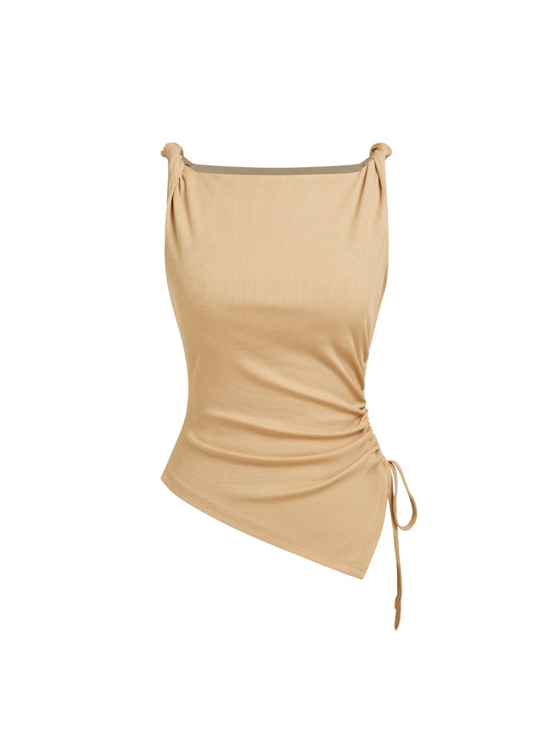 CIDER Womens Going Out Tops Ruched Sleevelss Boat Neck Asymmetrical Hem Summer Club Crop Tank Tops Khaki, S - Image 1