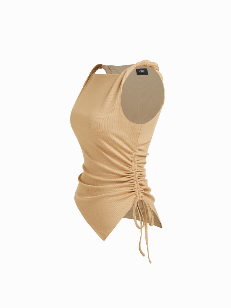 CIDER Womens Going Out Tops Ruched Sleevelss Boat Neck Asymmetrical Hem Summer Club Crop Tank Tops Khaki, S - Image 3