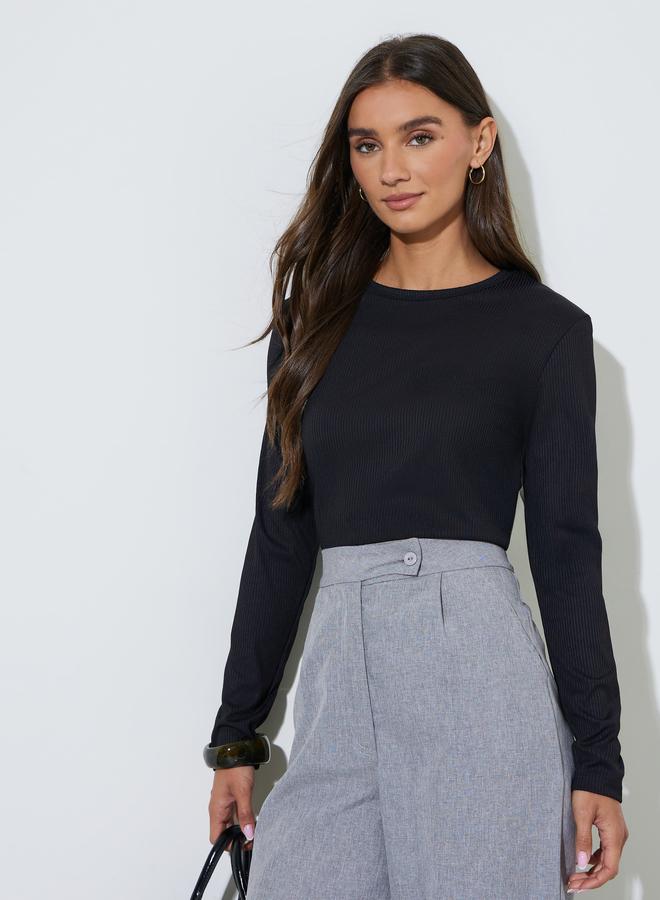 Styli Black Long Sleeve Ribbed Knit Top - Image 1