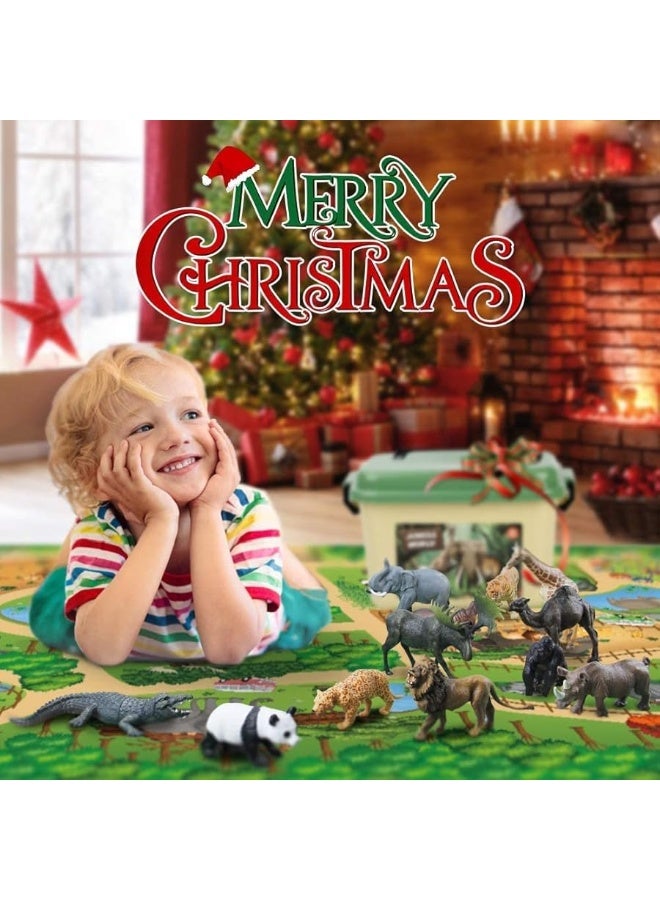 Mini Tudou 12 Pcs Safari Animals Figures Toys w/ 57x38.6â€™â€™ Large Activity Play Mat, Realistic Jumbo Jungle Wild Zoo Animals Figurines Playset w/Elephant, Giraffe, Lion for Kids Boys - Image 1