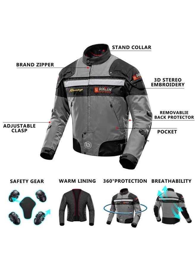 BORLENI Motorcycle Jacket Men's Motorcycle Jacket Windproof with Protectors Jacket Scooter Biker Touring Women Grey XL - Image 4