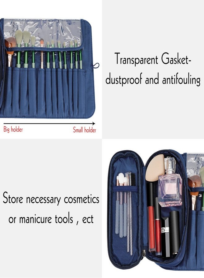 LUEXBOX Portable Folding Makeup Brush Bag, Multifunctional Cosmetics Rolling Storage Case Makeup Brush Holder for Travel, Makeup Brush Organizer Bag (Dark Blue) - Image 4