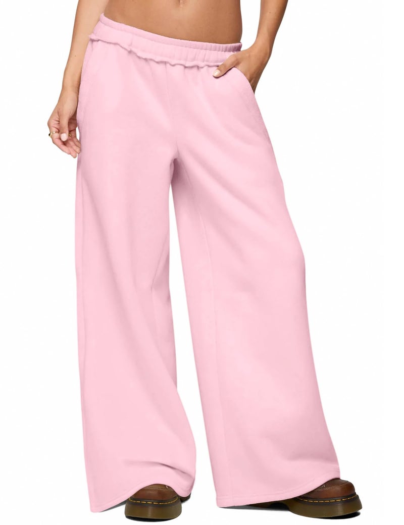 HeSaYep Womens Fleece Lined Sweatpants Wide Leg Baggy Thermal Lounge Pants Raw Hem Elastic Waist Oversized Sweat Pants,Pink M - Image 1