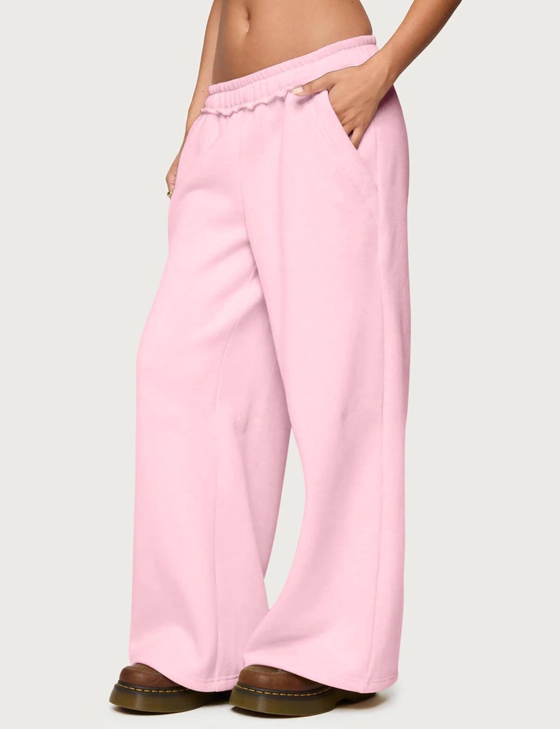 HeSaYep Womens Fleece Lined Sweatpants Wide Leg Baggy Thermal Lounge Pants Raw Hem Elastic Waist Oversized Sweat Pants,Pink M - Image 2