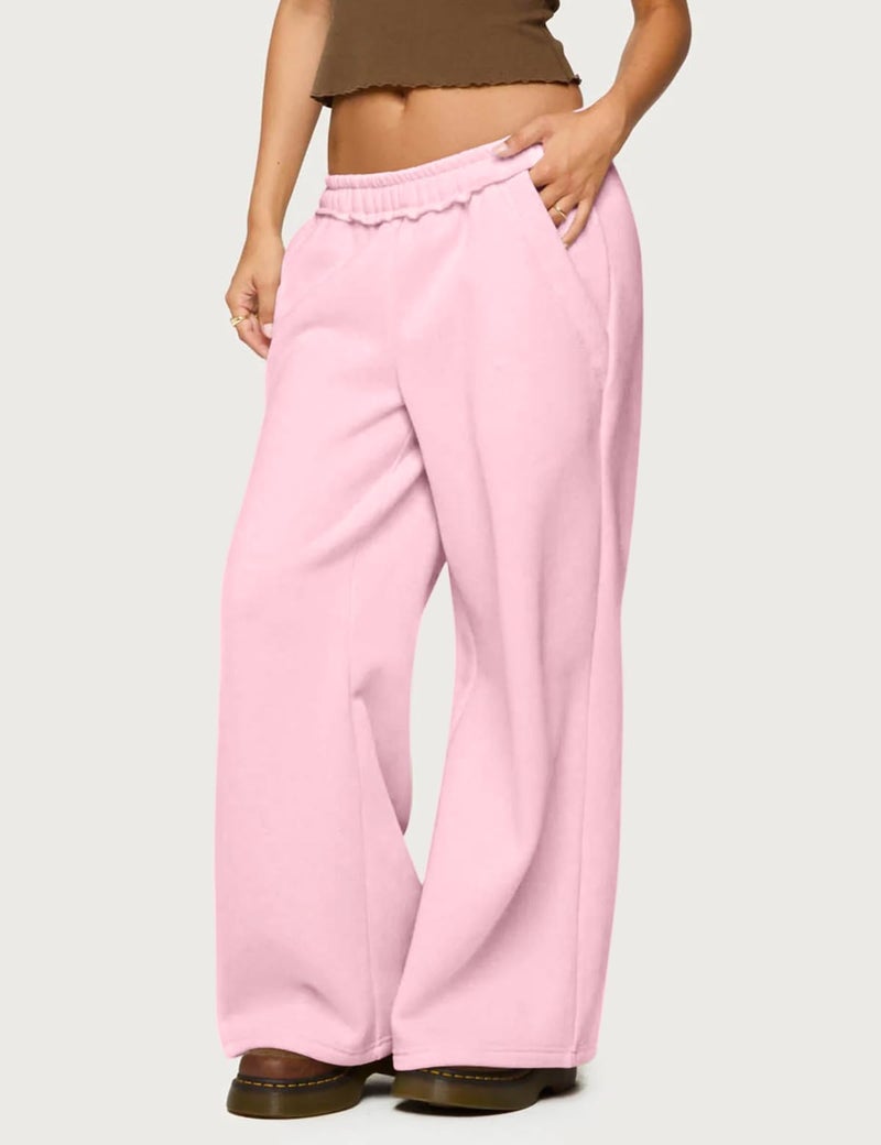 HeSaYep Womens Fleece Lined Sweatpants Wide Leg Baggy Thermal Lounge Pants Raw Hem Elastic Waist Oversized Sweat Pants,Pink M - Image 4
