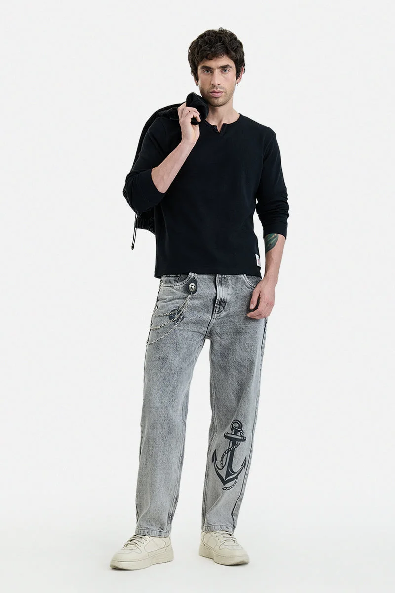 SNITCH Ash Grey Printed Wide Leg Streetwear Jeans