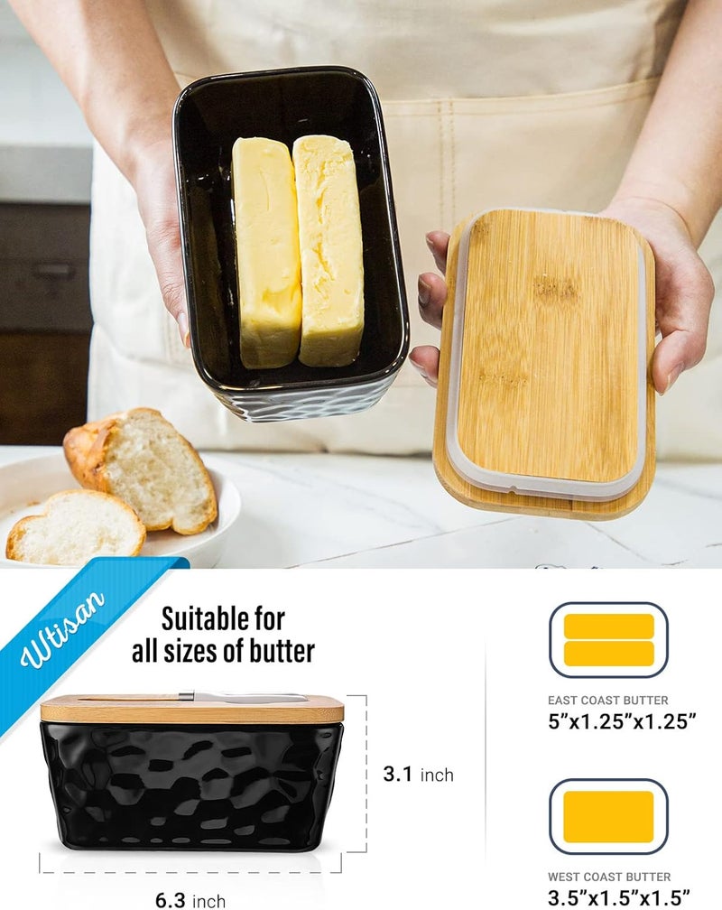 wtisan Butter Dish with Lid, Large Butter Dish for Countertop, Ceramic Butter Container with Knife Double Silicone Seal Unique Stone Butter Dishes with Covers for Farmhouse Kitchen Decor Home Decor Black - Image 2